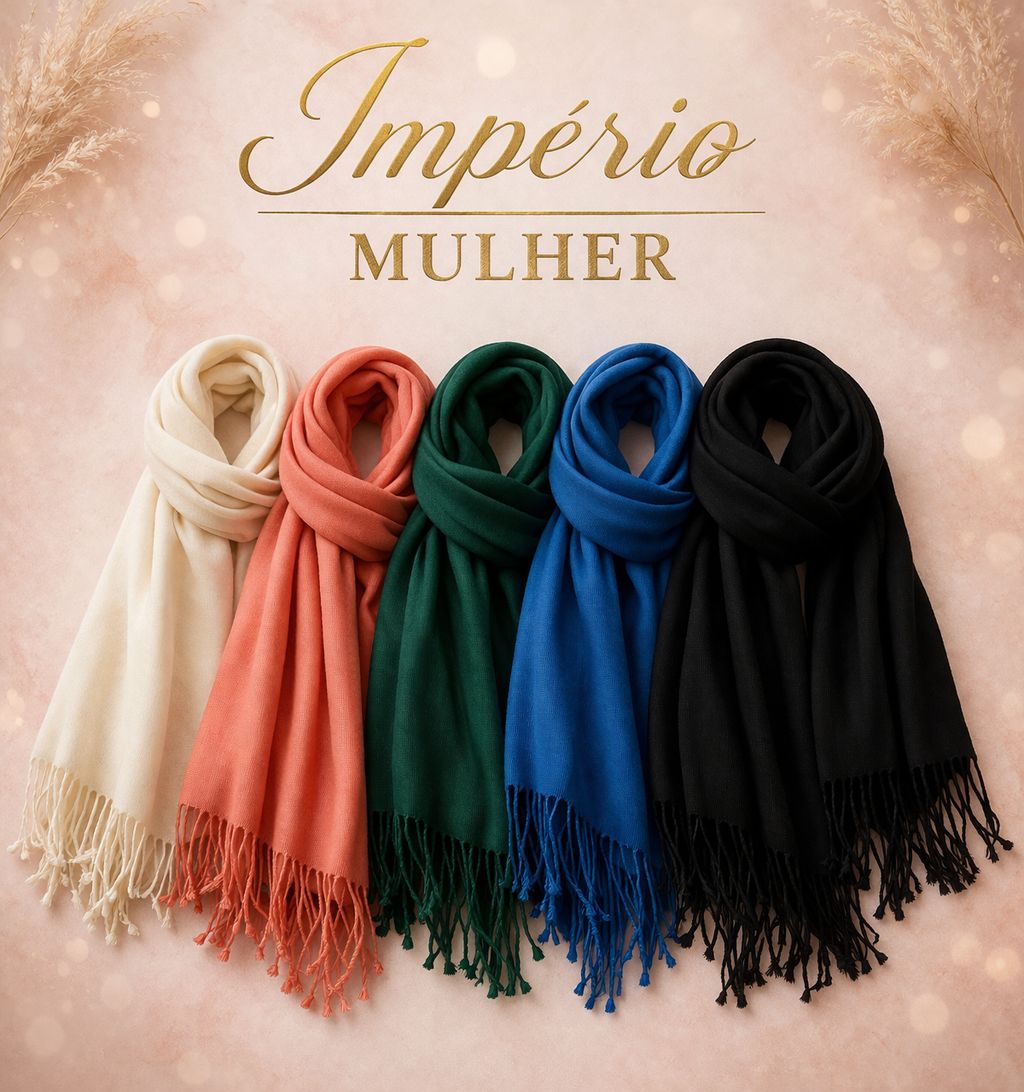 Modelo usando pashmina feminina com franjas sobre vestido estampado marrom, em ambiente interno de loja, compondo um look elegante e sofisticado.