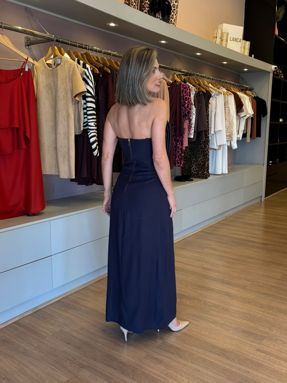 Vestido Midi Tomara que Caia Azul-Marinho com Fenda