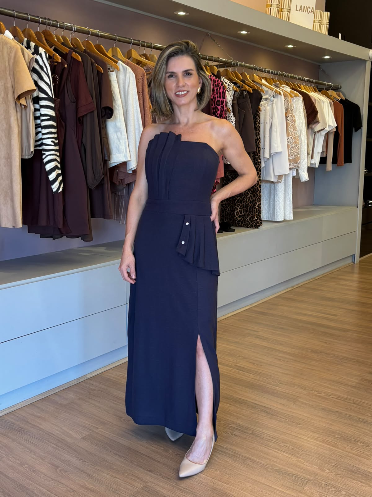 Vestido Midi Tomara que Caia Azul-Marinho com Fenda