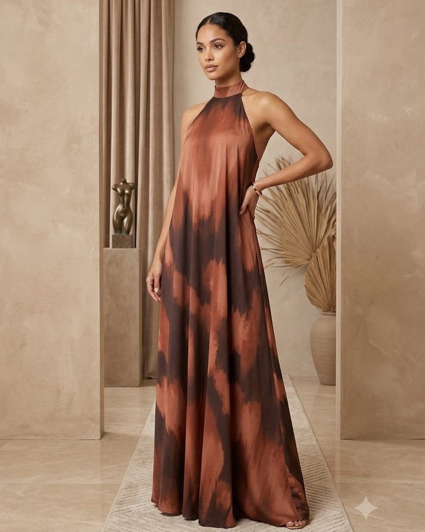 Vestido longo feminino estampado com gola alta, cava americana e modelagem fluida.