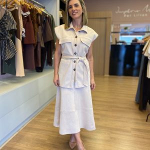 Conjunto Feminino Linho Bege com Colete e Saia Midi